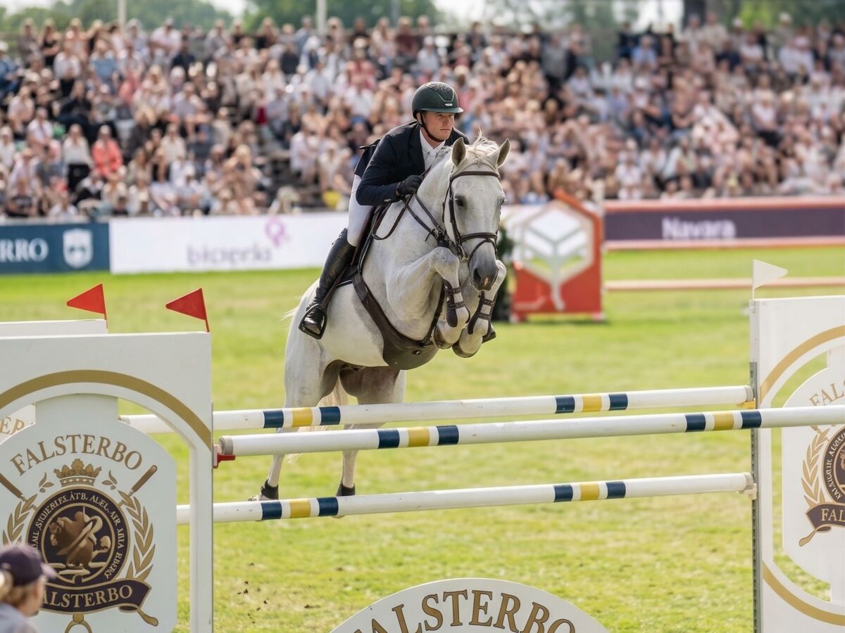 Häst och ryttare hoppar på Falsterbo Horse Show med den ikoniska läktaren och Welcome to Falsterbo Horse Show-skylten i bakgrunden
