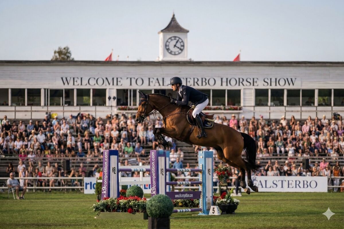 Hoppning på Falsterbo Horse Show — ryttare över Falsterbohindret inför fullsatt publik med internationella flaggor